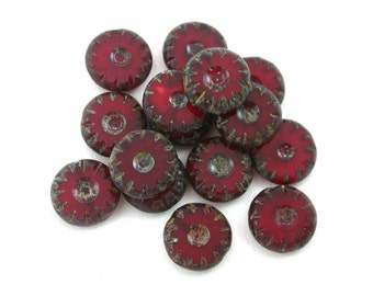 Dark Red opaline w/ picasso 14mm carved wheels. Set of 8 or 15.