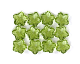 Olive Green transparent glass 10mm center drilled cup flower beads. Set of 25.