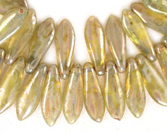 Set of 25 or 50. Pale Yellow Green transparent w Light Gold luster 16 x 4mm daggers