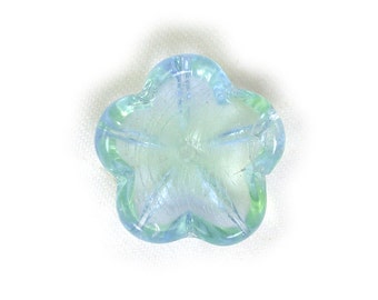 Pale Blue Uranium Yellow transparent 14mm cup flower bead. Set of 6, 12 or 25.