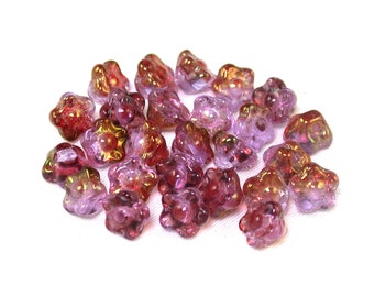 Alexandrite Violet Fuchsia transparent glass w/ Pink luster 7mm button flower bead. Set of 25.