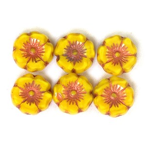 Yellow silk w/ Copper decor 12mm medium 12mm Hawaiian hibiscus flower bead. Set of 12. image 2