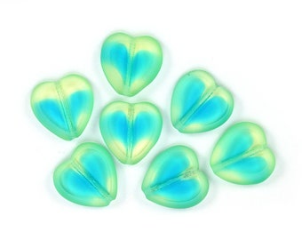 Blue Green Yellow Green UV active transparent table cut 15mm heart bead. Set of 4, 5, 6 or 10.