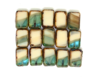 Cream opaque Aqua transparent w/ picasso 12 x 8mm rectangle.  Set of 8 or 15.