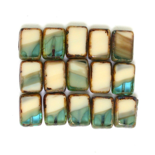 Cream opaque Aqua transparent w/ picasso 12 x 8mm rectangle.  Set of 8 or 15.