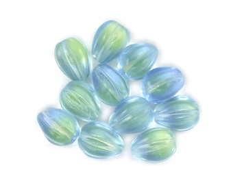 Pale Blue Uranium Yellow transparent 11 x 9mm fluted drop bead. Drilled lengthwise. Set of 12 or 25.