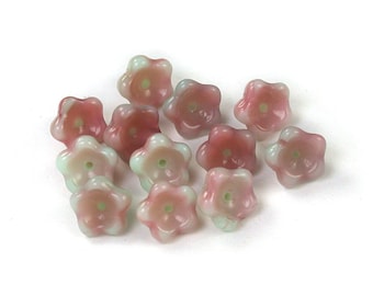 Mint Green Raspberry Pink glaze UV active 6 x 8mm small trumpet flower bead, drilled down middle. Set of 12 or 25.