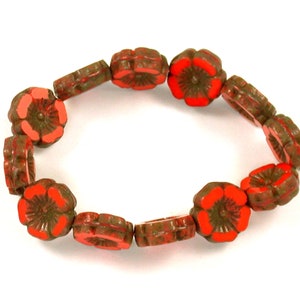 Orange Red opaque w/ Golden Brown picasso medium 12mm Hawaiian hibiscus flower bead with detailed design. Set of 6 or 12. image 2