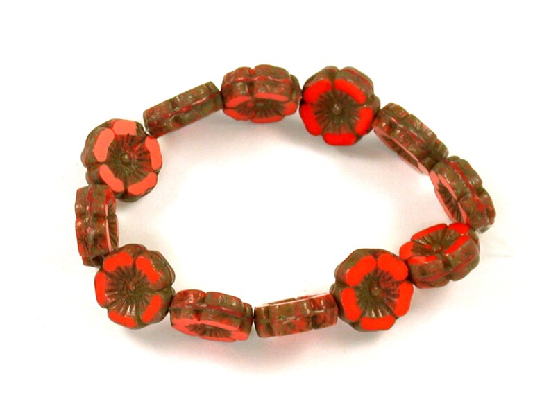 Orange Red opaque w/ Golden Brown picasso medium 12mm Hawaiian hibiscus flower bead with detailed design. Set of 6 or 12. image 2