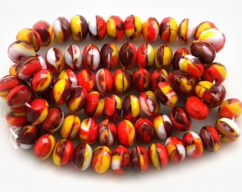 Red Orange, Yellow and Brown opaque swirl 6 x 9mm rondelles. Set of 12 or 25.