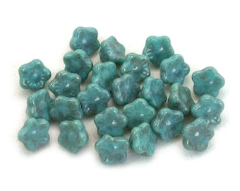 Turquoise Blue opaque w/ cool luster 8mm button flower bead. Set of 12 or 25.