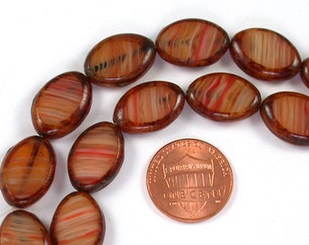 Tan translucent White Red streaks w/ picasso edges 17 x 12 x 4mm table cut oval beads. Set of 4, 5 or 10.
