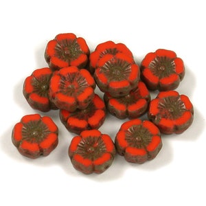 Orange Red opaque w/ Golden Brown picasso medium 12mm Hawaiian hibiscus flower bead with detailed design. Set of 6 or 12. image 1
