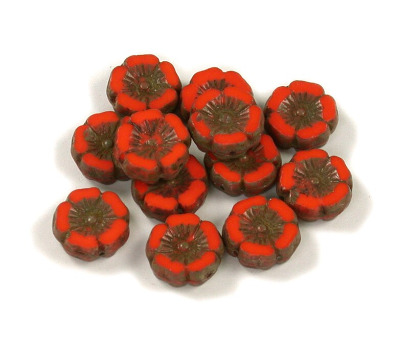 Orange Red opaque w/ Golden Brown picasso medium 12mm Hawaiian hibiscus flower bead with detailed design. Set of 6 or 12. image 1