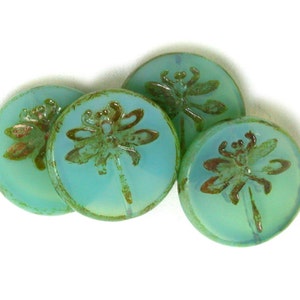 Aqua opaline glass w/ picasso finish large 22mm table cut dragonfly coin. One bead, 2 or 4. image 2