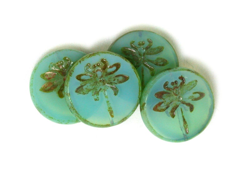 Aqua opaline glass w/ picasso finish large 22mm table cut dragonfly coin. One bead, 2 or 4. image 2