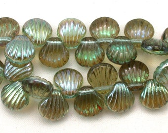 Pale Aqua transparent Green celsian finish 9mm scallop shell bead. Set of 12, 25 or 50.