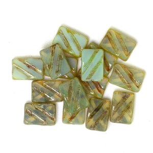 Green opaline w/ picasso 13 x 9mm engraved diagonal striped rectangle. Set of 15.