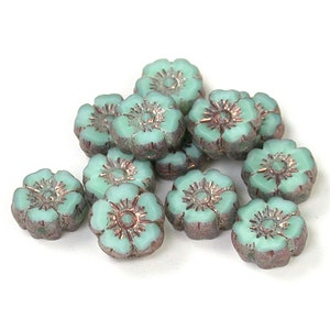 Sea Green silk w/ Purple Bronze details 10mm carved mini Hawaiian hibiscus flower coins. Set of 6, 12 or 24. image 1