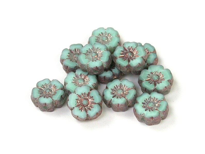 Sea Green silk w/ Purple Bronze details 10mm carved mini Hawaiian hibiscus flower coins. Set of 6, 12 or 24. image 1