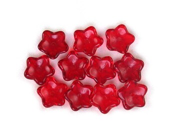 Red transparent 10mm center drilled cup flower beads. Set of 25.