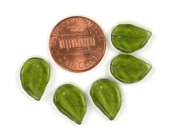 Olive Green transparent 10 x 14 x 3mm rounded curved flat leaves. Vintage. Set of 25.