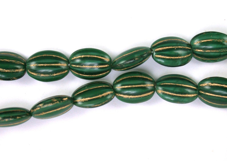 Dark Green opaque w/ Gold decor 12 x 9 x 4mm smaller flat oval beads. Set of 12, 13 or 25. image 3