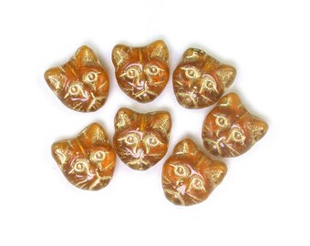 Golden Brown glass transparent w/ Gold decor 11mm fully molded cat beads. Set of 10 or 20.