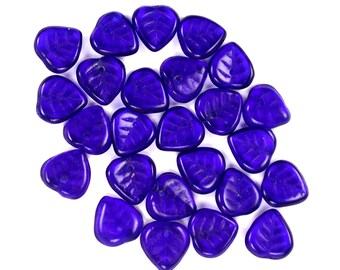 Cobalt Blue transparent 10 x 10mm heart leaves. Set of 25.