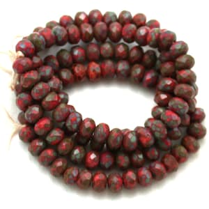 Red opaque w/ Brown picasso smaller 3 x 5mm rondelles. Set of 30.
