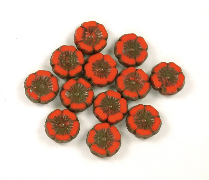 Orange Red opaque w/ Golden Brown picasso medium 12mm Hawaiian hibiscus flower bead with detailed design. Set of 6 or 12. image 3