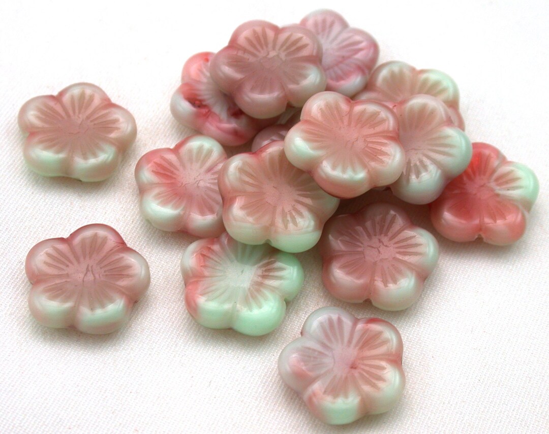 Pink Raspberry Mint Mint Green Pink Raspberry Glaze 14mm Flat Flowers. Set of 15. - Etsy