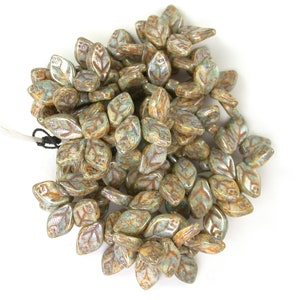 Medium Gray Beige opaque w/ picasso and luster 7 x 12mm leaves. Set of 25.