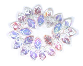 Crystal transparent blend w/ aurora borealis finish 7 x 12mm leaves. Set of 25.