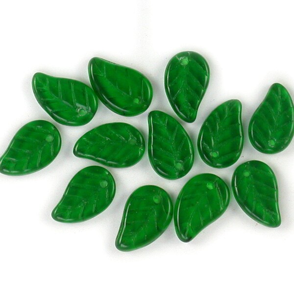 Kelly Green transparent 14 x 9  x 3mm curved flat leaves. Vintage. Set of 12 or 25.