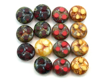 Vintage Dark Red Cream Yellow Red Assortment w/ picasso 16mm rustic bumpy carved coin beads. Set of 8, 15 or 30.