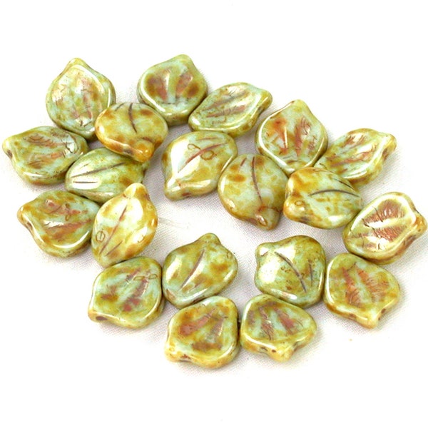 Greenstone Beige opaque w/ soft luster and picasso finish 12 x 15mm petal beads. Set of 10 or 20.