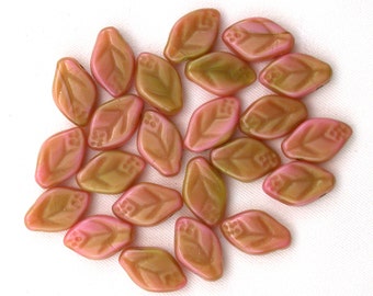 Rose Pink opaque w/ Olive Green transparent glaze  7 x 12mm leaves. Set of 25.