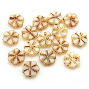 UV active Cream White opaline w/ picasso flat 10mm flower link bead. Set of 15 or 30.