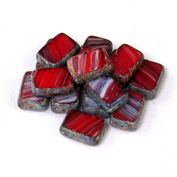 Crimson Red streaks Black White opaque w/ picasso 12 x 8mm rectangle. Set of 8, 15 or 30.