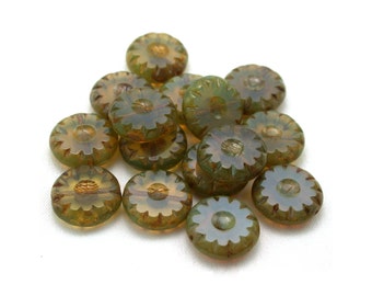 Olive Green opaline w/ picasso 14mm carved wheels. Set of 7, 8 or 15.