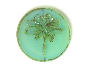 Aqua opaline glass w/ picasso finish large 22mm table cut dragonfly coin. One bead, 2 or 4.