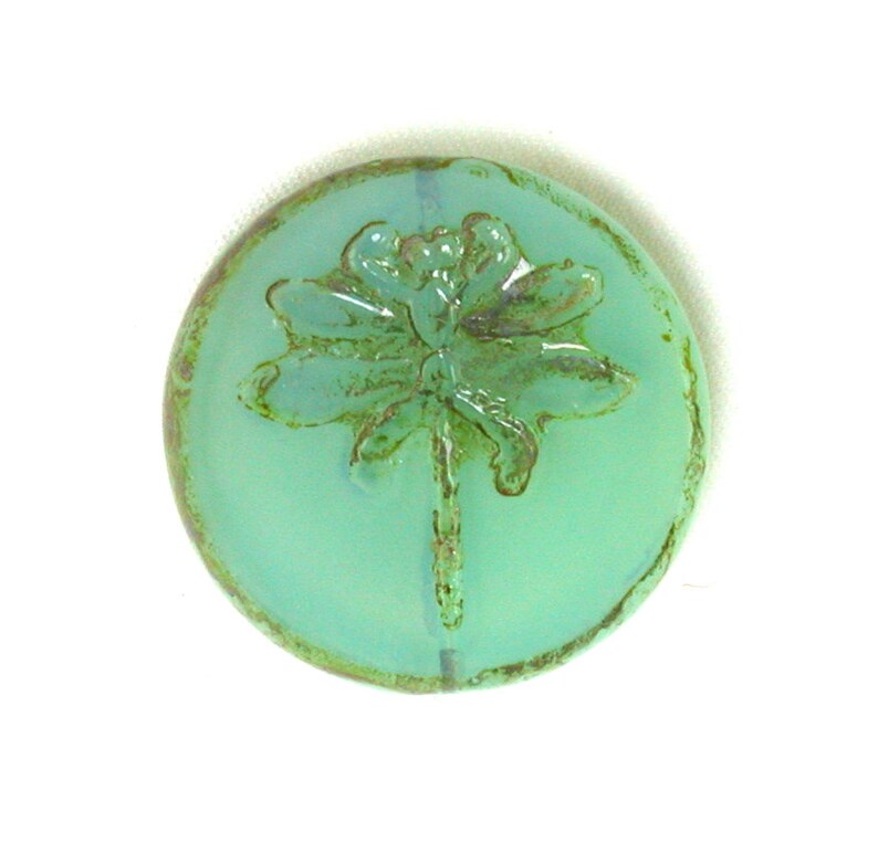 Aqua opaline glass w/ picasso finish large 22mm table cut dragonfly coin. One bead, 2 or 4. image 1