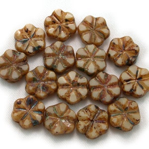 Beige opaque w/ Brown picasso flat 10mm flower link. Set of 8, 15 or 30.