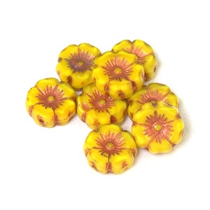 Yellow silk w/ Copper decor 12mm medium 12mm Hawaiian hibiscus flower bead. Set of 12. image 1