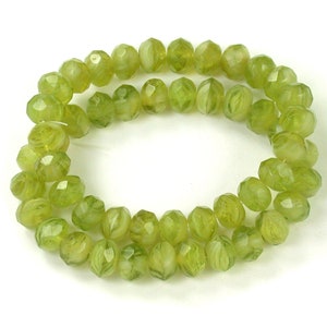 Lime Green transparent Cloudy White swirl 6 x 9mm rondelles. Set of 25.