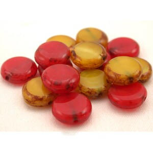Orange Red and UV active Yellow opaline w/ picasso mix 10mm coins. Set of 15.