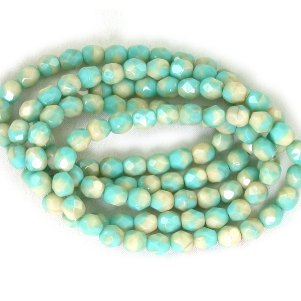 Cream Beige Pale Aqua blend 6mm firepolished rounds. Set of 25.