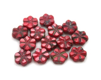 Red opaque w/ picasso detail 10mm flat flower link. Last ones. Set of 8 or 15.