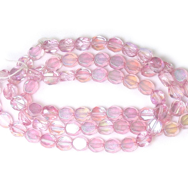 Pale Ice Pink transparent w/ AB 8 x 7 x 5mm faceted firepolished flat ovals. Set of 25.